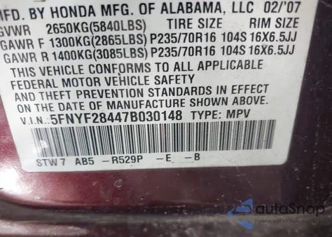 2007 Honda Pilot Ex из США, поврежденный, VIN 5FNYF28447B030148